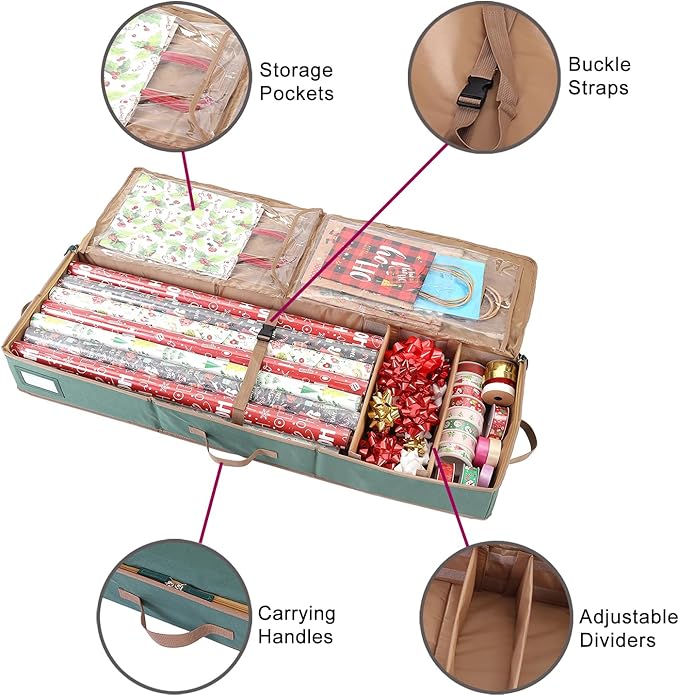 Sattiyrch Wrapping Paper Storage,600D Canvas Gift Wrap Paper Holder,Holds up to 20 Rolls,42W x 14D x 5H (Green)