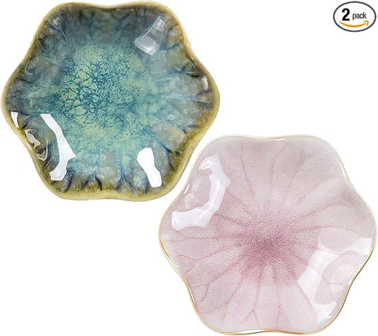 2Pcs Ceramic Jewelry Dish - Lotus Leaf Shape, for Ring Holder Necklace Small Key, Suitable for Mother Friend Sister, Gifts for Women, Cute Plate Trinket Tray, Home Decor (Crystal Green & Pink)