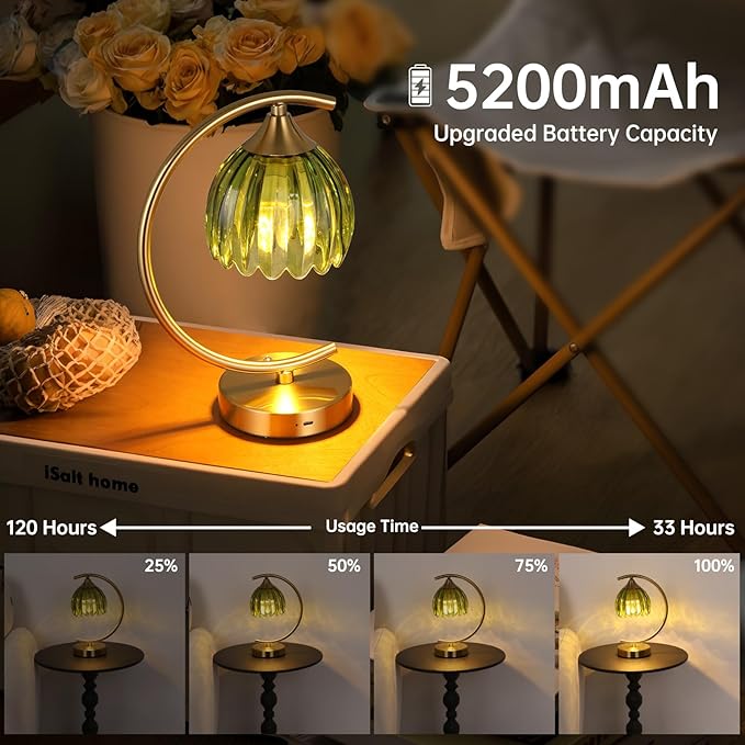 Shenmoyl Set of 2 Tulip Table Lamp, 5200mAh Cordless Touch Control Table Lamp with 3 Color Temps & Stepless Dimming, Rechargeable Battery Table Lamp for Living Room, Bedroom, Office(Green Tulip)