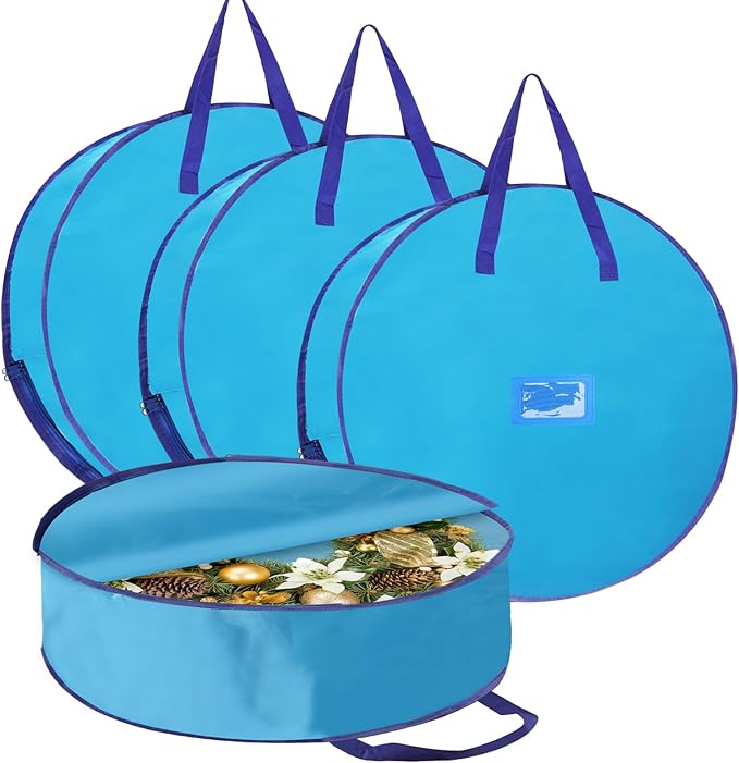 YAYODS 4 Pack Wreath Storage Container 24 Inch Christmas Wreath Storage Bag, 420D Oxford Wreath Holder with Zipper and Handles for Xmas Holiday, Decorations (Blue)