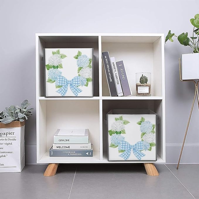 Watercolor White Hydrangea Flowers Wreath Cube Storage Bins Storage Cubes Foldable Decorative Fabric Storage Baskets Home Organizers with Handles for Shelves,Closet, 10.6 X 10.6 Inch
