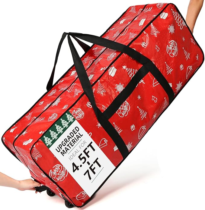 HOMEST Christmas Tree Storage Bag, Fits for 4.5-7 ft Xmas Artificials, Zippered Bag with Reinforced Carrying Handles and Wheels, Red Pattern (Bag Only)