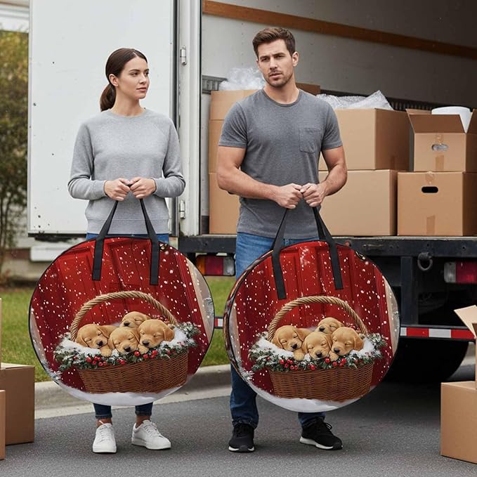 Winter Christmas Round Storage Bag 36 Inch, Golden Retriever Basket Red Front Door Clothes Storage Container with Handles Heavy Duty Organizer for Comforter, Bedding & Holiday Wreaths