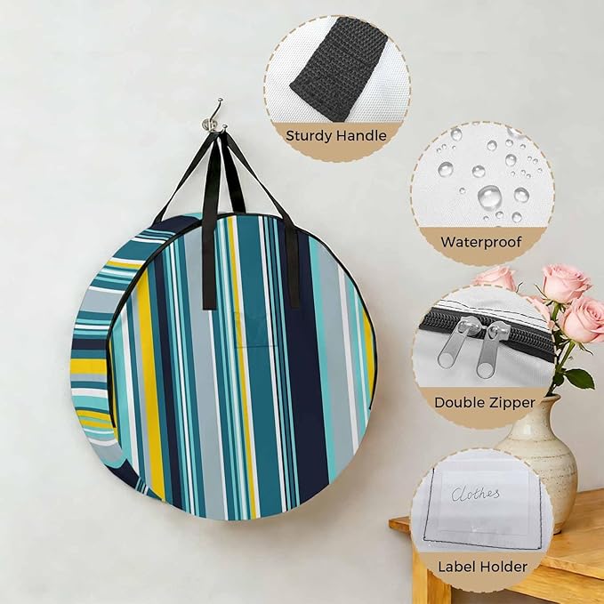 Storage Bag Blue Stripes Round Storage Totes Bins Closet Organizers with Zippers & Handle Boho Style Lines Striped Clothes Storage Container for Bedroom Dorm Space Saving Packing Supplies Moving Bags