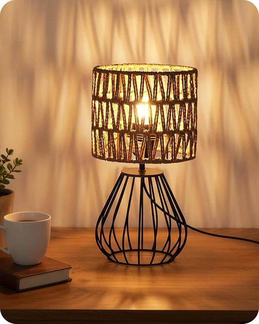Rattan Table Lamp, Boho Table Lamp, Small Bedside Lamp, Handwoven Paper Lampshade, 2700K LED Bulb Included, Boho Desk Lamp, Modern Nightstand Lamp for Bedroom, Living Room, HW06TL05