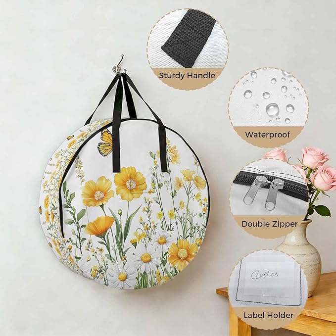 Spring Flower Round Storage Bag 36 Inch, White Yellow Floral Daisy Butterfly Flower Field Clothes Storage Container with Handles Heavy Duty Organizer for Comforter, Bedding & Holiday Wreaths
