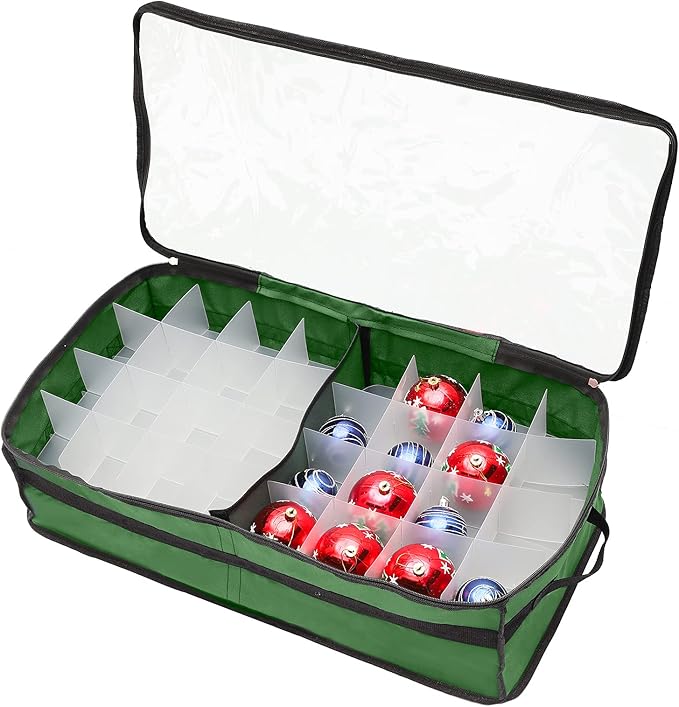 Ornament Storage Box Under Bed 64 Cell Partition 600D Oxford PVC Transparent Window 61x30.5x15cm (Green)