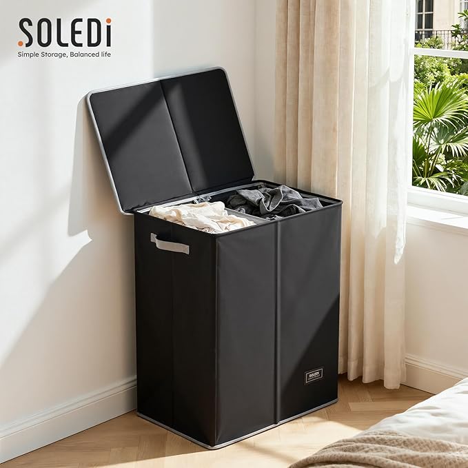 SOLEDI Double Laundry Hamper with Lid and Removable Laundry Bags - Large Dirty Clothes Hamper 2 Section - Collapsible Laundry Baskets for Bedroom, Bathroom, Laundry room, Apartment, Black