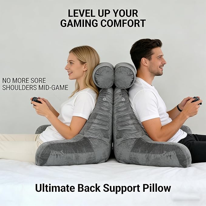 Extra Large Reading Pillow for Sitting in Bed Adult with Detachable Neck Support Cushion & Backrest Pillow for Bed with Arms and Side Pocket Shredded Foam Back Pillow with Washable Cover
