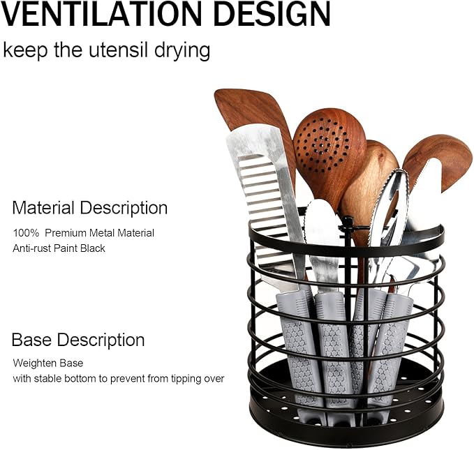 KOLUTI 360° Rotating Kitchen Utensil Holder Organizer, 7.2" x 7" Extra Large Cooking Tool Storage Round Caddy, Weighted Base with Drain Hole, Wire Metal Flatware Crock for Countertop, Paint Black
