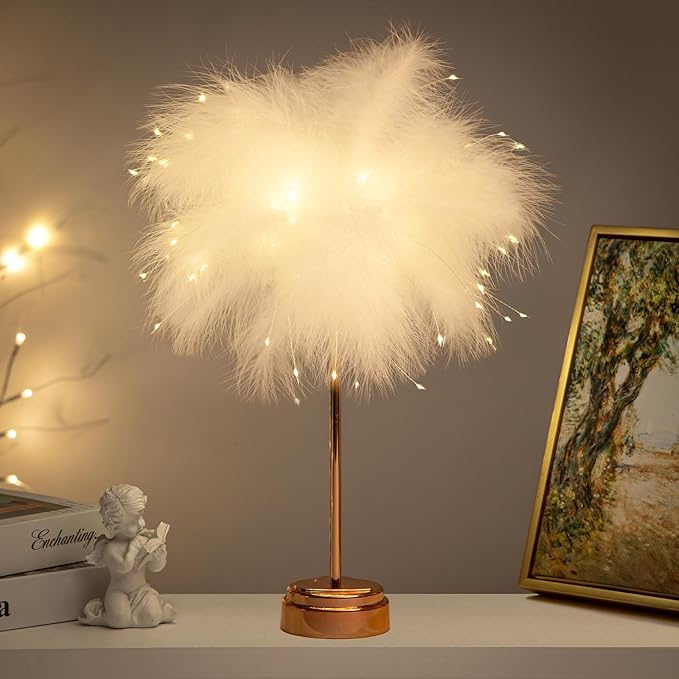 BDUSXYZ White Feather Lamp - LED Atmosphere Feather Night Lights Bedside Lamps for Mother, Girlfriend Home Girl Room Wedding Decoration