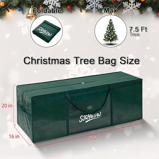 Christmas Tree Storage Bag 7.5 ft, Heavy Duty Artificial Xmas Trees Bag with Reinforced Handles, Dual Zippers Wide Opening, Two Mesh Pockets, Water Resistant for Holiday Tree Storage (Green)