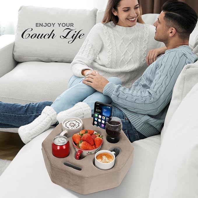 Couch Cup Holder Pillow, Octagon Caddy for Coffee, Phone, Remote - Drink Holder Tray for Bed, Car, Sofa, Table
