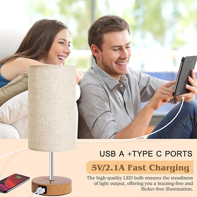 UNIFUN Bedside Table Lamp for Bedroom - 4 Way Dimmable Touch Lamp with USB and Type-C Charge Port, Small Wood Base Round Flaxen Fabric Shade Lamp Living Room,Bedroom Use(Yellow Color Base)
