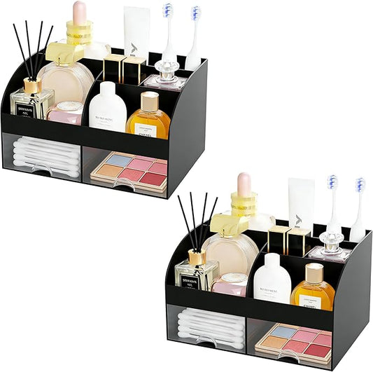 Makeup Organizer with 2 Drawers, Cosmetic Storage for Dresser Vanity and Bathroom Countertop,Make up organization and Skincare Storage with Beauty Brush Holder, Cosmetic Display Case 2Pcs Black