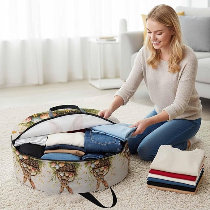 36 Inch Round Storage Bag 2 Pack,Watercolor Bunny Easter Egg Flower Waterproof Wreath Storage Container with Handles&Zipper Farm Grass Basket on Flax Closet Organizer Bags Garland Box