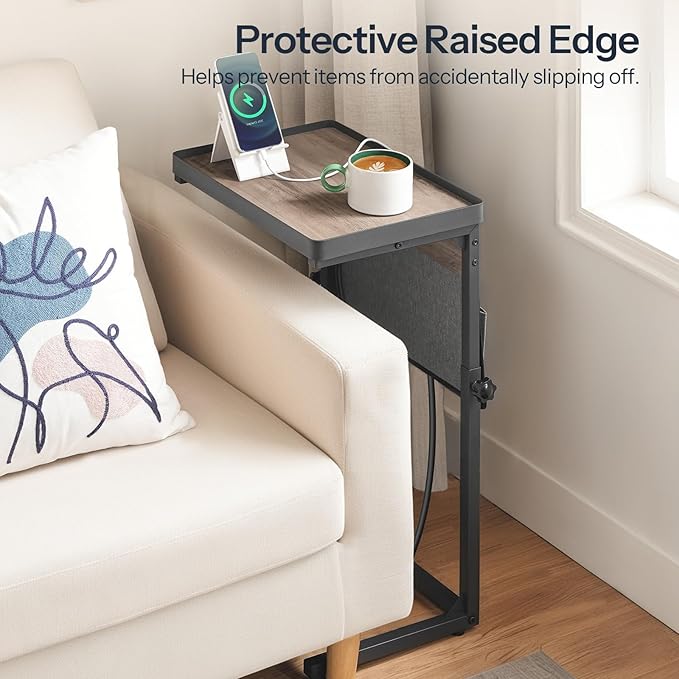 HOOBRO C-Shaped Side Table with Charging Station, 29.5” Sofa End Table Adjustable Height, Small Slide Under Couch Table for Sofa Arm Tray, for Living Room, Bedroom, Greige and Black BG78USF01