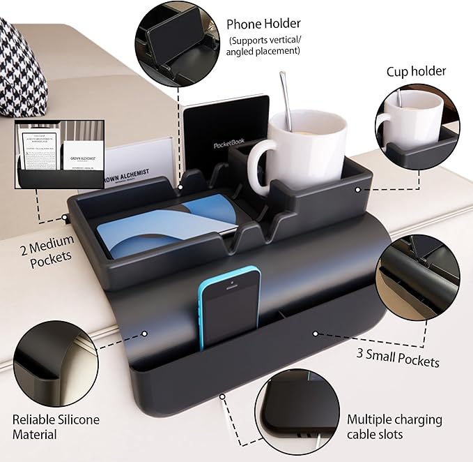 Couch Arm Cup Holder - Silicone Sofa Armrest Tray with 5 Side Pockets, Anti-Slip Armrest Recliner Armchair Caddy, Sofa Table Organizer for Drinks Tablet Remote Snacks Cellphone Cup (Black)