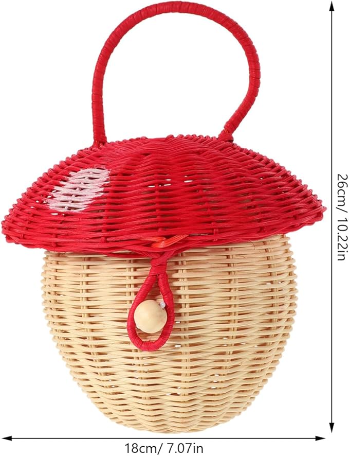 TEHAUX Rattan Mushroom Basket with Lid, Handwoven Rattan Storage Basket Decorative Straw Bag Box Organizer Prop for Room Decor Desktop Props Christmas