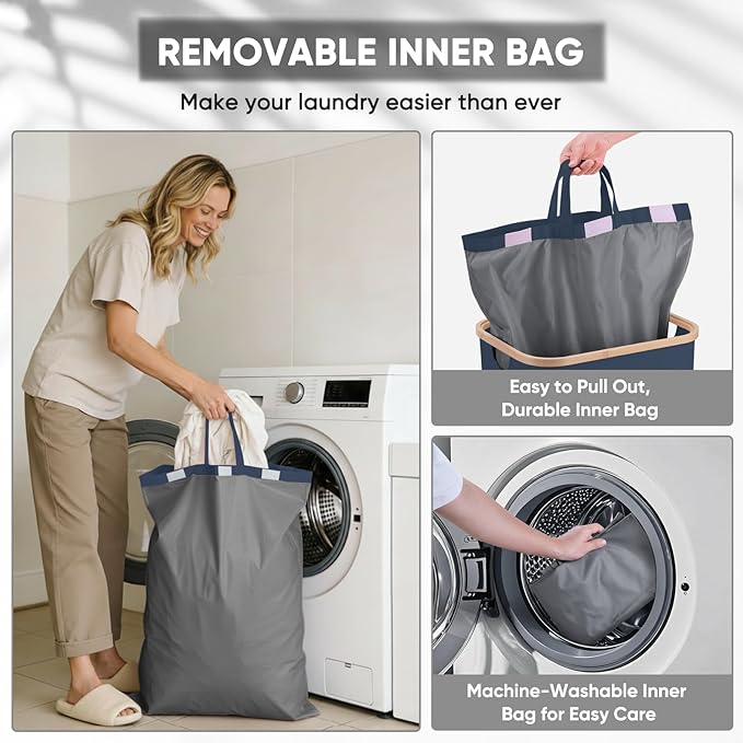 BALEINE Laundry Hamper with Lid, Tall Laundry Baskets with Bamboo Pull Handles, Large Laundry Bin with Internal Support (26 Gal/100L, Blue Pinstripe)