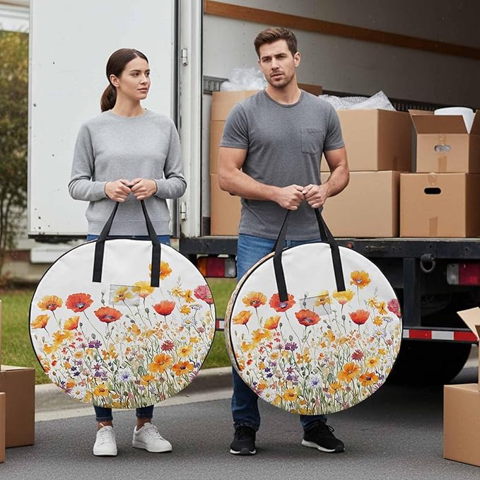 Yellow Orange Poppy Round Storage Bag 30 Inch, Watercolor Flower Spring Summer Floral Clothes Storage Container with Handles Heavy Duty Organizer for Comforter, Bedding & Holiday Wreaths