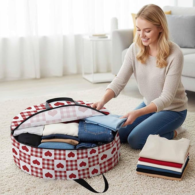 Valentine's Day Round Storage Bag 36 Inch, Red Heart Buffalo Plaid Red White Clothes Storage Container with Handles Heavy Duty Organizer for Comforter, Bedding & Holiday Wreaths