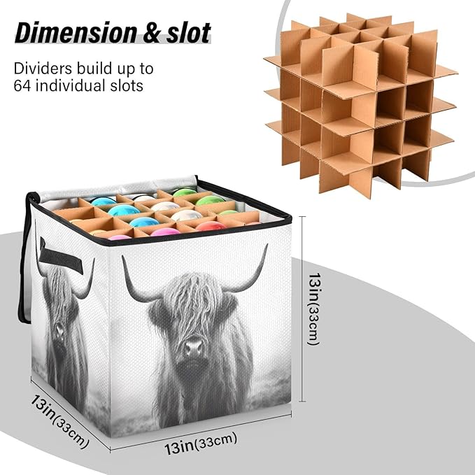 Kigai Highland Cow Christmas Ornament Storage Box with Zipper & Adjustable Dividers Holiday Ornament Organizer Xmas Storage Container, 64 Balls
