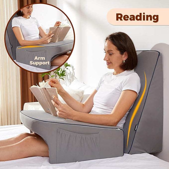 cooloo8 Reading Pillow for Bed, Gaming Pillow for Lap, Petite Adults, Teens Arm Rest Pillow, Memory Foam Lap Desk Pillow for Reading, Working, Playing, Crocheting in Bed Couch(Grey)