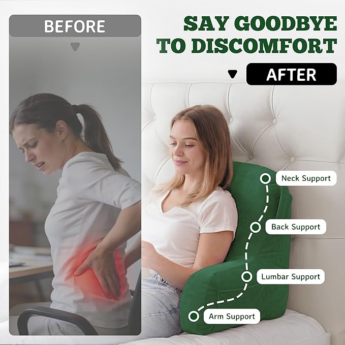 Unisakey Portable Comfy Reading Pillows for Bed Sitting Up(Green Oeko-Tex), Velvet Back Pillow with Arms & Pockets for Adults, Support Memory Foam Bed Pillow for Dorm/Reading/Watching/Gaming