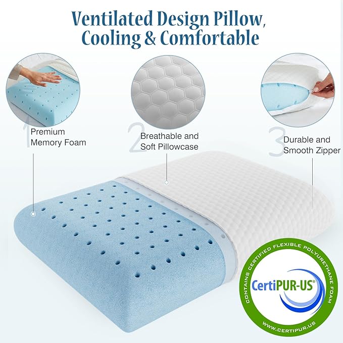 DUMOS Memory Foam Pillows for Sleeping 2 Pack, Bed Pillows for Adults with Washable Cover and Breathable Mesh, Gel Cooling Pillow for Back and Side Sleeper Support, White