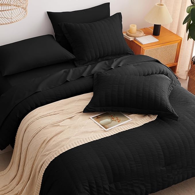 CozyLux California King Comforter Set with Sheets 7 Pieces, Black Seersucker Bed in a Bag Cal King Luxury Soft Bedding Sets with Down Alternative Comforter, Sheets, Pillowcases & Shams for All Season