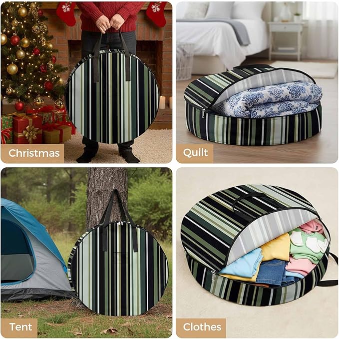 30 Inch Round Storage Bag 1 Pack,Green Black Stripe Pattern Waterproof Wreath Storage Container with Handles&Zipper Line Texture Closet Organizer Bags Garland Box