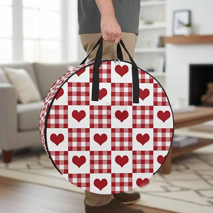 Valentine's Day Round Storage Bag 30 Inch, Red Heart Buffalo Plaid Red White Clothes Storage Container with Handles Heavy Duty Organizer for Comforter, Bedding & Holiday Wreaths