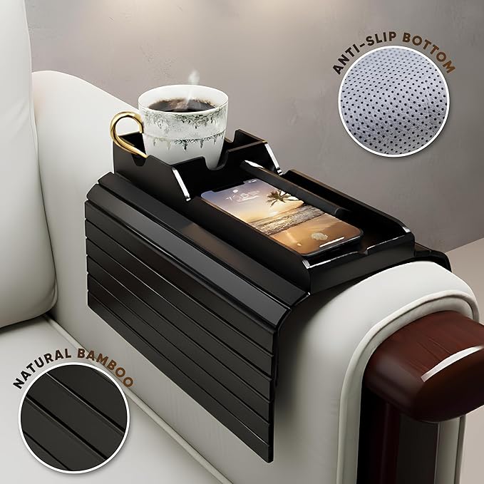 Bamboo Couch Cup Holder Tray, Sofa Arm Tray with Black Mat | Anti-Slip Foldable Sofa Armrest Table for Snacks, Drinks, Donuts, Phone & Remote - Lab Tray | Anti-Falling Couch Organizer