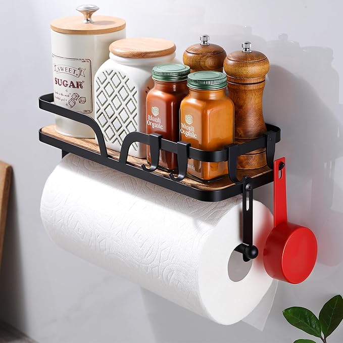 ZUNTO Paper Towel Holder with Shelf for Kitchen, Wall Mounted, Self-Adhesive or Drilling, Black Paper Towel Bar for Paper Roll or Towel Hanging, Storage Shelf Rack with Natural Wooden Board