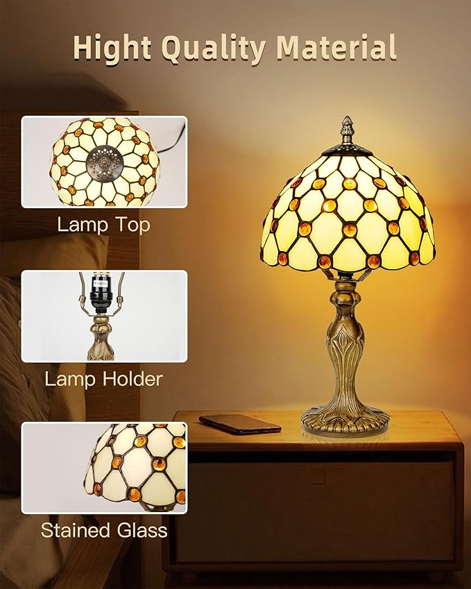Tiffany Style Table Lamp with LED Bulb, 8 Inch Handmade Stained Glass Light, Antique Desk & Bedside Lamp for Living Room, Bedroom, Office (Yellow Beads)