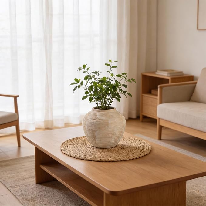 Large Rustic Farmhouse Vase - 8.8 in Ceramic Boho Decorative Vase for Home Decor, Round Clay Whitewashed Terracotta Bowl vase for Living Room, Table, Shelf, Centerpieces