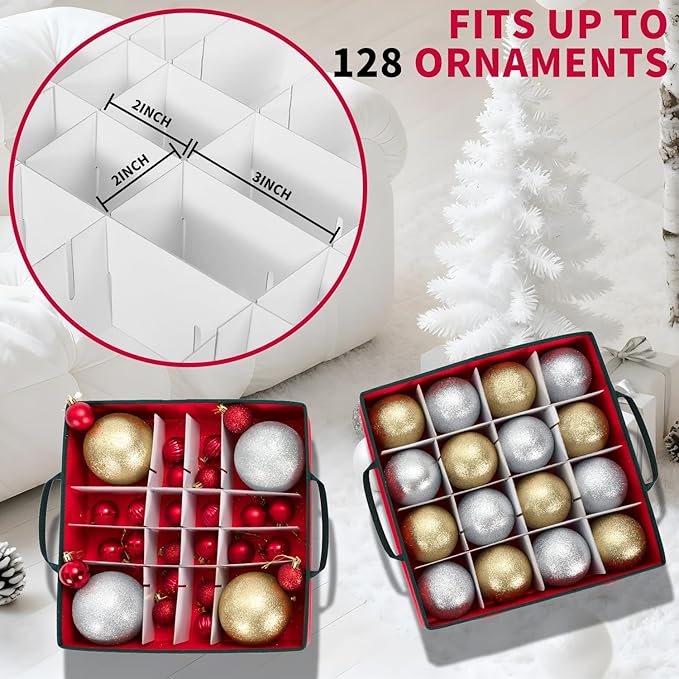 DIMESHY Large Christmas Ornament Storage Box With Adjustable Dividers,Ornament Storage Container with 8 Removable Trays for 128 Holiday Decorations,Red