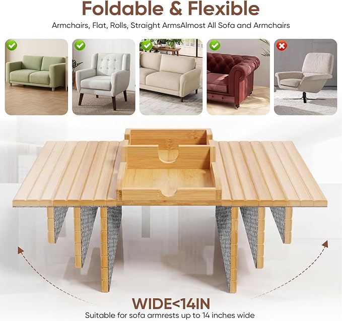 Bamboo Couch Arm Tray Table with Built-in Cup Holder, Foldable Anti-Slip Sofa Armrest Table for Drinks, Phone & Remote, Fits 4.7–16.9 in Armrests, Holds Cups up to 3.5 in Diameter (Bamboo)