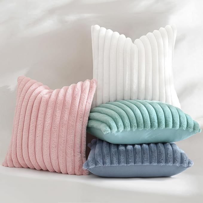 decorUhome Summer Cozy Faux Fur Throw Pillow Covers 16x16 Set of 2 Decorative Soft Plush Striped Modern Farmhouse Boho Couch Pillow Cases with Velvet Back for Sofa Bed Living Room, White