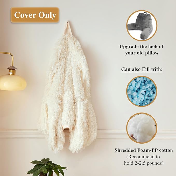 XeGe Faux Fur Reading Pillow Cover (No Filler), Fluffy Back Rest Pillow Case for Sitting in Bed, Adults Kids Shaggy Sit Up Back Support Study Pillow Cover with Arms Couch Chair Home Decoration, Beige