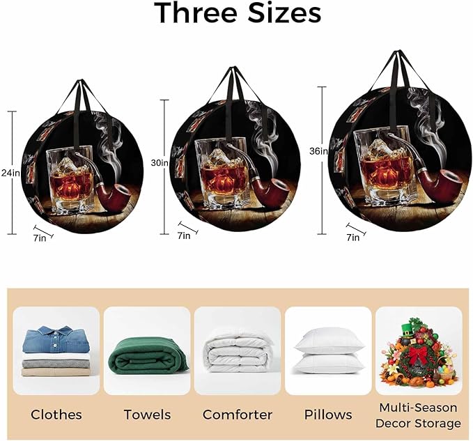Storage Bag Whisky Glass Round Storage Totes Bins Closet Organizers with Zippers & Handle Wine Old Fashioned Cigarettes Clothes Storage Container for Bedroom Dorm Space Saving Packing Supplies Bags