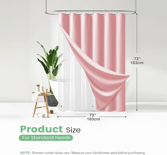 Dynamene Pink Shower Curtain and Liner Set, Waffle Weave Fabric, Waterproof Clear Liner, 256GSM Heavy Duty Weighted Hotel Luxury Cloth Shower Curtains for Bathroom with 12 Plastic Hooks, 72Wx72H