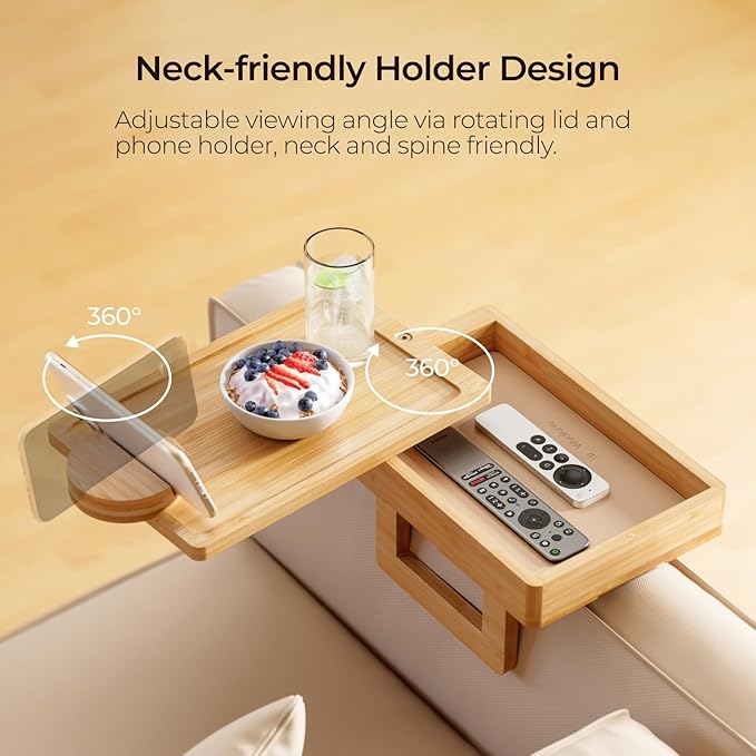 Wealone Mini Couch Arm Table for Narrow Armrest, Bamboo Sofa Arm Tray with Storage Box, Rotating Tabletop & Phone Stand, Adjustable Sofa Arm Table Clip for Snacks or Dining, Width of Armrest 1-7 Inch