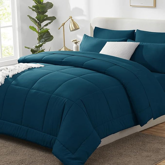 CozyLux King Size Comforter Set Lyons Blue, 7 Pieces Bed in a Bag, Blue Comforter King Size, All Season Bedding Sets with Stitch Quilted Comforter, Flat Sheet, Fitted Sheet, Pillowcases