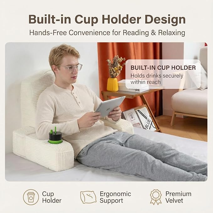 AS AWESLING Reading Pillow for Adults, Back Pillow for Bed Sitting Up, Backrest Pillow for Sitting in Bed, Detachable Arms with Built-in Cup & Phone Caddy (Beige-Corduroy, 19 INCH)