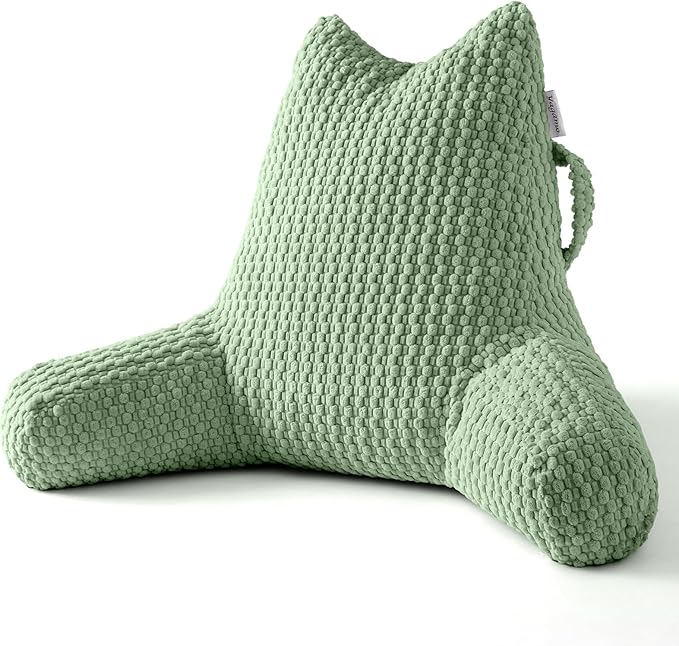 Reading Pillow for Bed Sitting Up, Backrest Pillow with Shredded Memory Foam Filling, Back Support Cushion, Bed Rest Pillow with Arms, Pockets and Washable Cover-Green