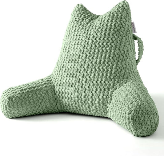 Reading Pillow for Bed Sitting Up, Backrest Pillow with Shredded Memory Foam Filling, Back Support Cushion, Bed Rest Pillow with Arms, Pockets and Washable Cover-Green
