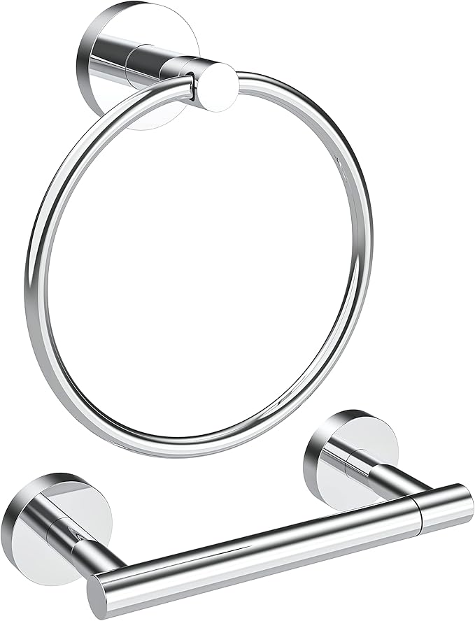 RARXTR Polished Finish Toilet Paper Holder & Towel Ring SUS304 Stainless Steel 2pc Bathroom Hardware Set with Double Post Pivoting Toilet Paper Roll Holder Wall Mount & Bathroom Towel Holder Set