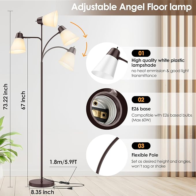Coucrek Floor Lamp for Living Room, Adjustable Standing Room Lamp with White Plastic Shade, Brown Reading Floor Lamps for Dorm, Bulb not Included